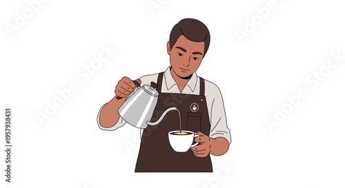 Skilled barista meticulously pouring freshly brewed coffee from a gooseneck kettle into a white ceramic cup, emphasizing precision in beverage preparation for a delightful experience