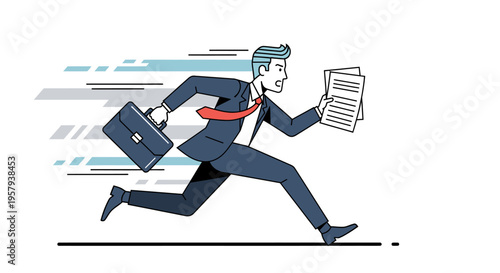Busy businessman running with briefcase and documents, representing hustle and time management in a fast-paced world