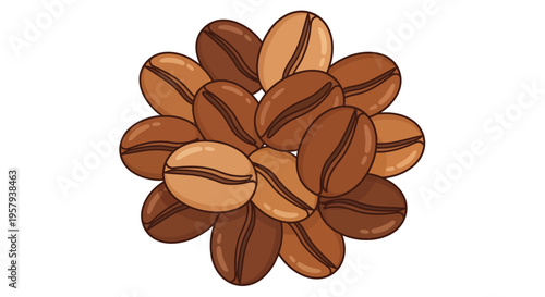 A close-up illustration of roasted coffee beans artfully arranged in a circular cluster against a clean white background