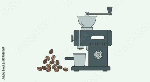 Flat Design Manual Coffee Grinder with Whole Roasted Beans for Fresh Brewed Coffee Preparation Illustration