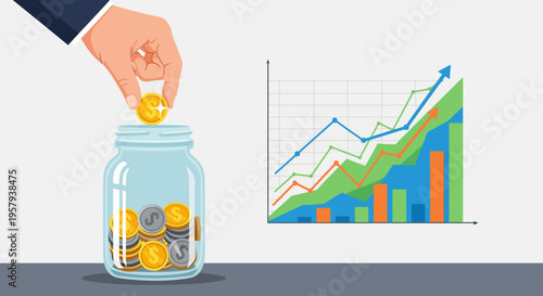 Financial Growth Concept: Hand putting coin into savings jar next to an upward trending graph. Investment, wealth management, and future planning illustration.