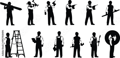 Comprehensive Collection of Construction Worker and Industrial Tradesman Silhouettes Featuring Manual Laborers Engineers and Technicians With Tools and Equipment Isolated on White Background