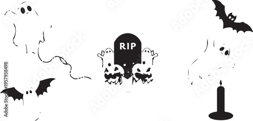 A collection of black and white halloween themed illustrations featuring ghosts bats and tombstones
