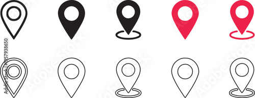 A collection of 8 map pin icons in various colors and line styles for navigation and location based applications