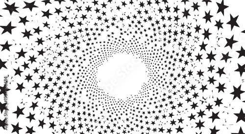 Black and white abstract background featuring a swirling vortex pattern of various sized stars