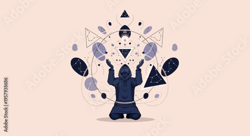 Mysterious figure performing ritual with geometric symbols and cosmic elements