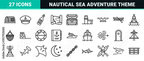 Nautical Adventure and Maritime Navigation Minimalist Monoline Outline Grid, Geometric Sea Voyage Line Art Assets for Commercial Web Design