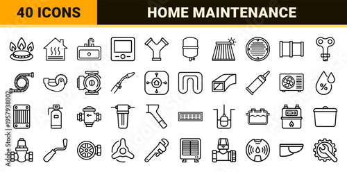 Plumbing and HVAC Technical Engineering Line Art Featuring Minimalist Monoline Symbols for Residential Heating and Cooling Systems