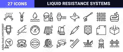 Hydrophobic Coating and Waterproof Technology Icon Set featuring Minimalist Geometric Line Art for Moisture Protection and Liquid Resistance.