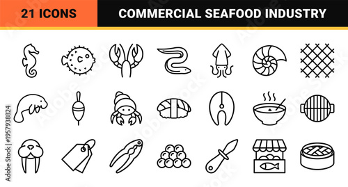 Marine Life and Commercial Seafood Minimalist Monoline Icons Featuring Geometric Fish, Crustaceans, and Culinary Sea Products Line Art.