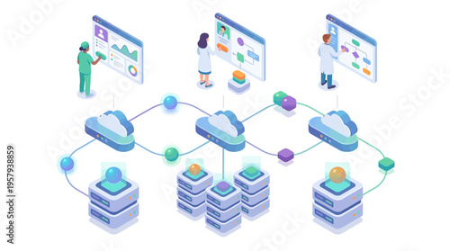 Isometric Healthcare Cloud Computing Platform with Medical Data Analytics, Doctor Dashboard Interface, and Secure Patient Information Network Infrastructure