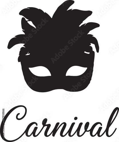 A black silhouette of a festive masquerade carnival mask featuring elegant feathers and typography