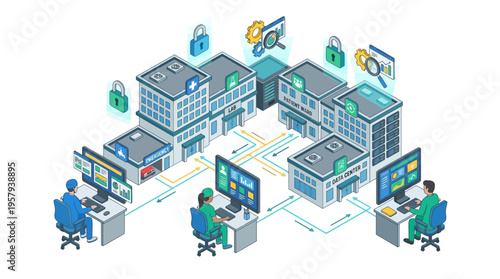 Isometric Healthcare SaaS Platform Connecting Hospital Network with Remote Medical Data Management and Secure Cloud Technology