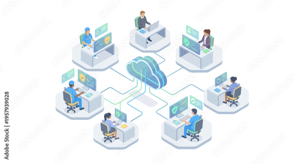 Obraz premium Isometric Healthcare Cloud Computing Network with Medical Professionals Using SaaS Technology Platform for Digital Patient Data Management