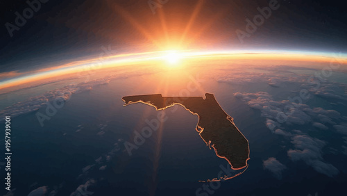 Vector illustration of Florida state outline at sunrise from space