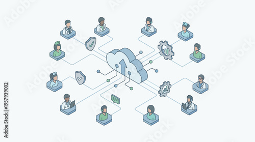 Isometric Healthcare Cloud Network with Doctors and Medical Professionals Connected to Secure Data Platform for Telemedicine and Hospital Digital Transformation