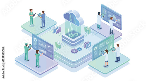 Isometric Healthcare Cloud Technology Platform with Medical Team Analyzing Patient Data on Digital Dashboards, SaaS Health Tech Innovation