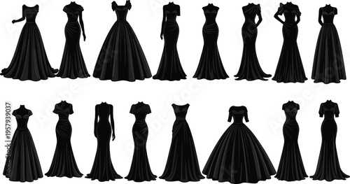 Elegant black evening gowns collection, diverse necklines, stylish silhouettes, formal wear inspiration, fashion design showcase, glamorous dresses, timeless sophistication, luxury attire