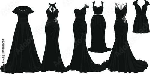 Elegant black evening gowns, stylish cocktail dress, formal fashion photography, luxury women’s clothing, glamorous outfits, chic attire, timeless style