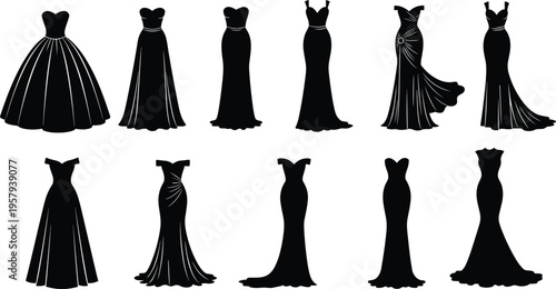 Elegant evening gown silhouettes, formal dress collection, fashion design inspiration, black dress styles, ball gown, mermaid, A-line, strapless, halter neck, sleeveless