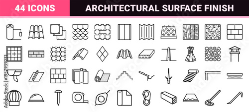 Roofing Material Texture and Architectural Surface Finish Line Art Icons for Construction Planning and Industrial Exterior Design Metadata.