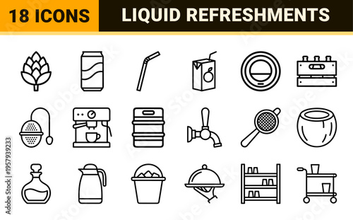 Beverage and Drinks Industry Minimalist Monoline Icons Featuring Geometric Line Art for Commercial Branding and Digital Interface Design.