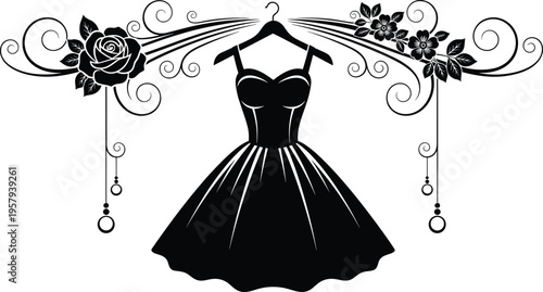 Elegant vintage dress silhouette with ornate floral swirl design, feminine fashion boutique branding, decorative roses, hanger charm illustration artwork