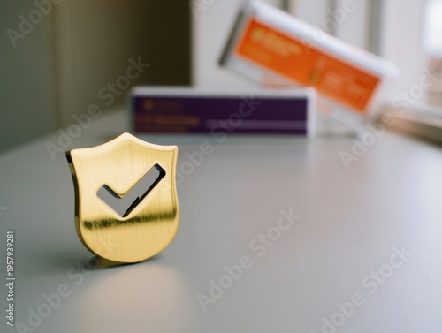 A gold shield icon with a check mark standing on a table with blurred medicine boxes background