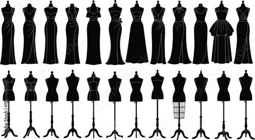 Fashion dress forms and mannequins collection, silhouette vector illustration, garment fitting tools, fashion design templates, tailoring equipment, sewing industry resources