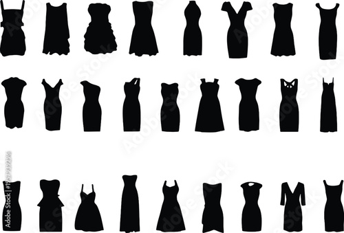 Fashion dress silhouettes collection, black clothing icons, women apparel design, stylish outfit variations, trendy wardrobe inspiration, elegant garment showcase