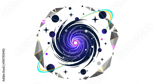Abstract Galaxy Vortex with Planets and Geometric Shapes