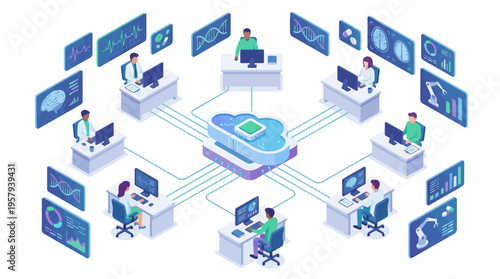 Isometric Healthcare Cloud Computing Platform with Medical Data Analytics, Doctors Using SaaS Technology for Patient Care and Hospital Network Management