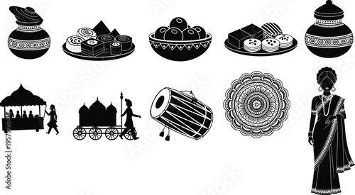 Indian culture silhouette icons, festive traditions, sweets, rangoli, dhol drum, saree woman, decorated pot, street food stall, temple cart, celebration