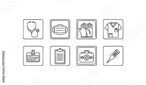 Medical outline icon grid with essential healthcare tools in square frames vector set