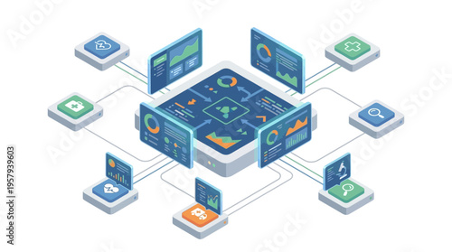 Isometric Healthcare SaaS Platform Dashboard with Medical Data Analytics, Patient Monitoring, and Cloud Technology Integration