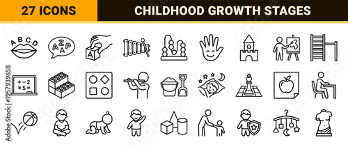 Early Childhood Development Minimalist Monoline Icons for Pediatric Education and Learning Milestones Geometric Line Art Graphic