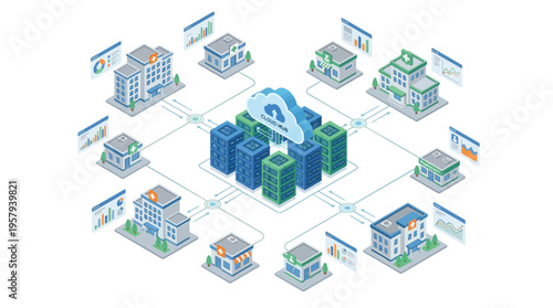 Isometric Healthcare Cloud Network with Connected Medical Facilities and Data Analytics Dashboards for SaaS Technology Solutions