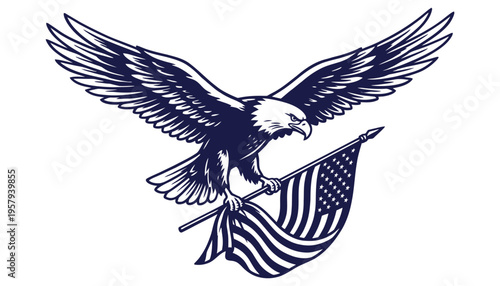 Bald eagle carrying United States flag graphic illustration