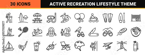 Outdoor Recreation and Summer Sports Line Art Icon Set featuring Minimalist Monoline Geometric Symbols for Adventure and Leisure Activities.