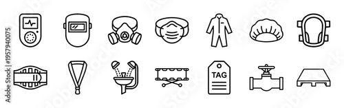 Occupational Health and Industrial Safety Equipment Minimalist Monoline Geometric Line Art for Workplace Protection and Regulatory Compliance