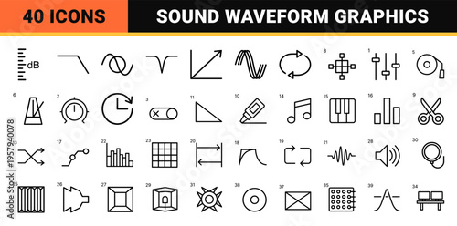 Audio Waveform and Sound Engineering Thin Line Outline Icons Featuring Signal Processing and Acoustic Symbols in Geometric Minimalist Style