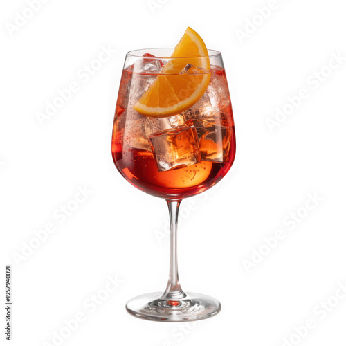 A glass of red sangria with orange slice and ice cubes isolated on transparent background