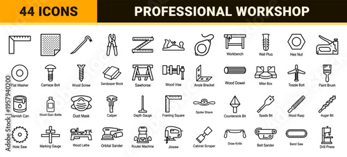 Minimalist Monoline Carpentry and Construction Tool Icons featuring Geometric Line Art Symbols for Professional Woodworking Workshop Use