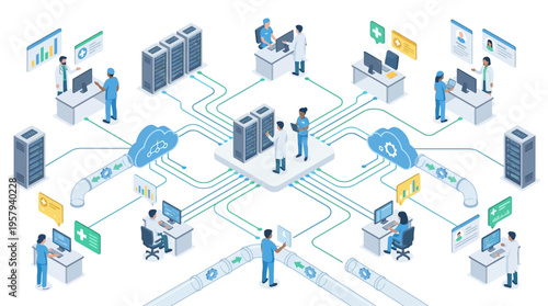 Isometric Healthcare SaaS Platform Network with Medical Cloud Technology, Doctors and Data Servers Connected in Digital Hospital Infrastructure System