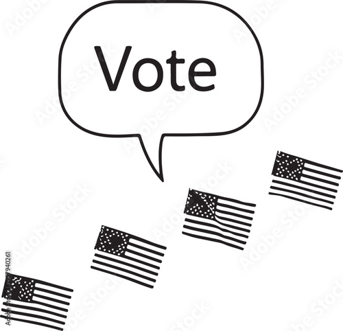 A simple black and white line drawing illustration featuring the word vote in a speech bubble icon
