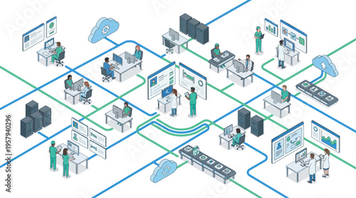 Isometric Healthcare Technology Network with Doctors Using Cloud-Based Medical Software, Hospital Data Management System, Digital Health Platform Connecting Medical Professionals