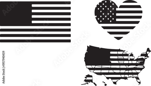 A collection of black and white patriotic symbols featuring the american flag heart and map shapes