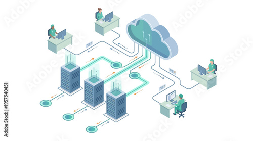 Isometric Healthcare Cloud Computing System with Medical Professionals Accessing Patient Data Through Secure Server Network, Digital Health Technology Infrastructure