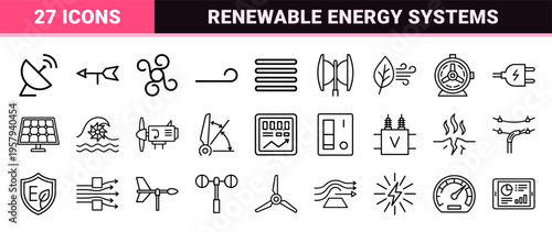Atmospheric Weather and Wind Energy Minimalist Monoline Icon Set featuring Geometric Line Art for Meteorology and Sustainable Technology
