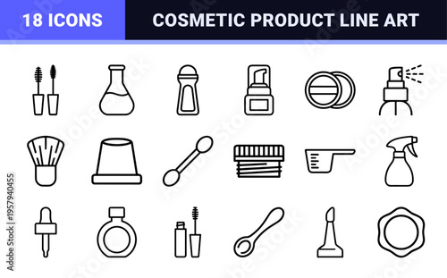 Minimalist Monoline Cosmetics Packaging and Skincare Application Line Art Featuring Geometric Beauty Containers and Tool Silhouettes